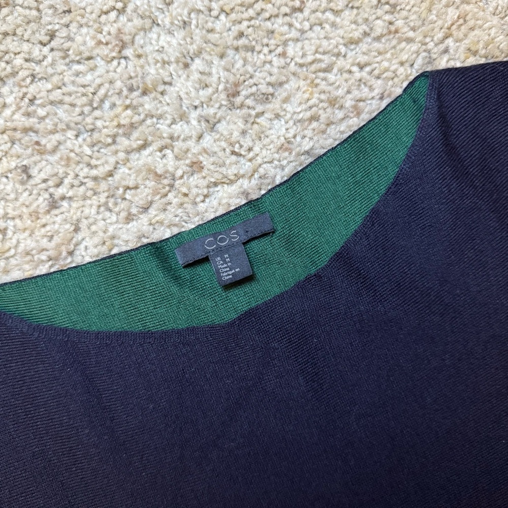 COS Wool Knit Sweater Tunic Dress Top Boat Neck 3/4 Sleeves Blue & Green Medium